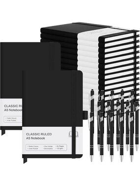 15-Pack A5 Hardcover Journal Notebooks with Pen Holder & 15 Pens for School